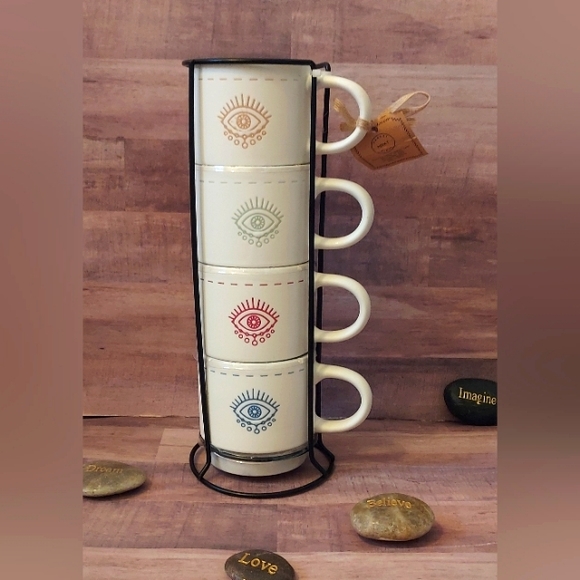 SALE! NWT Boho Evil Eye Set Stackable Coffee Mugs/Tea Cups Metal Organizer Stand - Picture 7 of 16